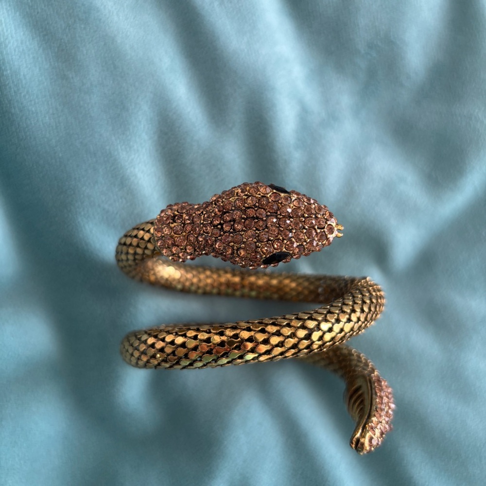 Gold Snake-Shaped Reptile Bracelet with Crystal Head and tail